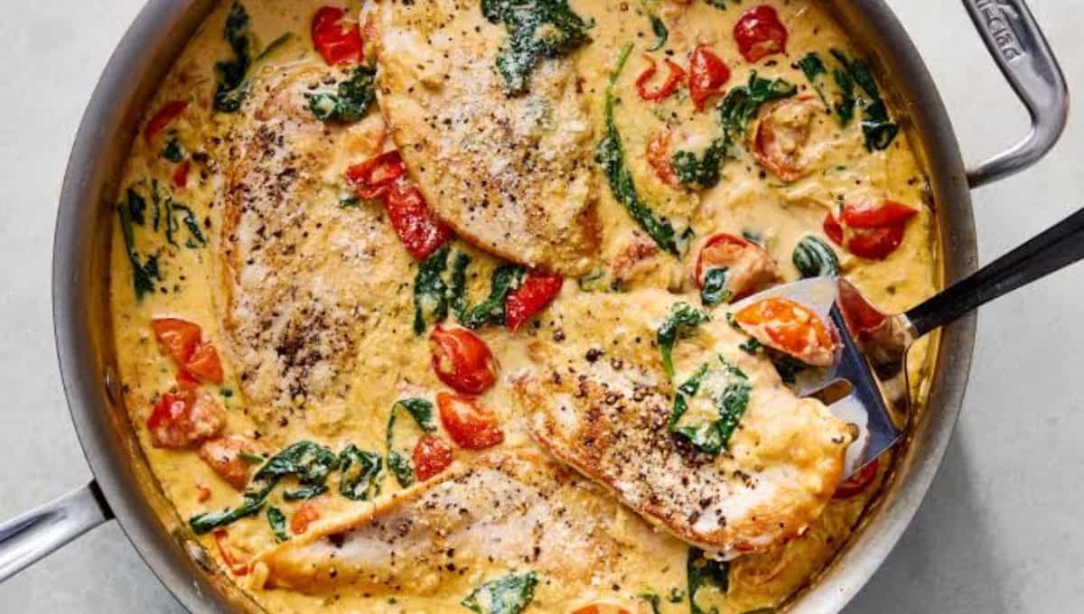 Creamy Tuscan Chicken Spaghetti with Roasted Tomatoes